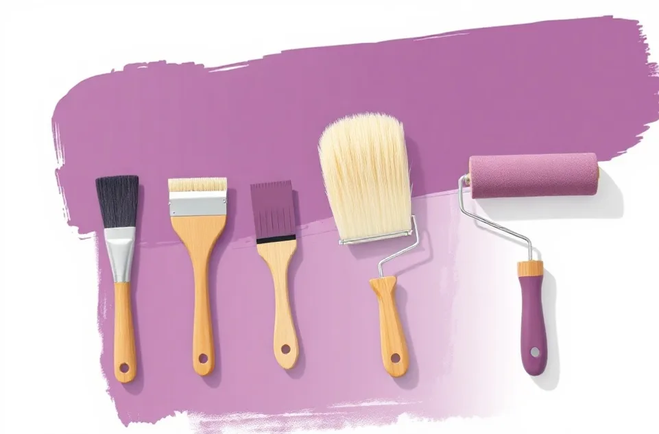 Outils de peinture disposés dans l'ordre des étapes du chantier