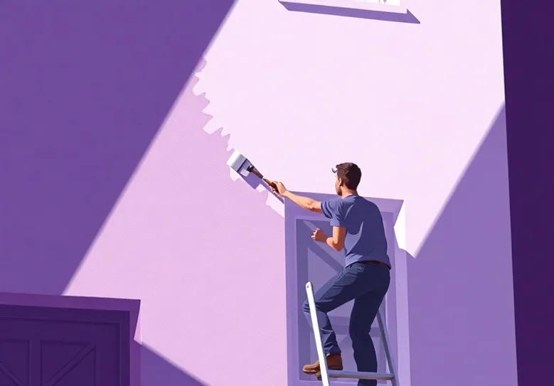 Peintre sur échafaudage traitant la façade d'une maison